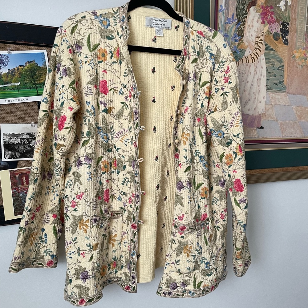 vintage gardencore quilted floral patterned button down jacket ivory size L - Picture 3 of 10